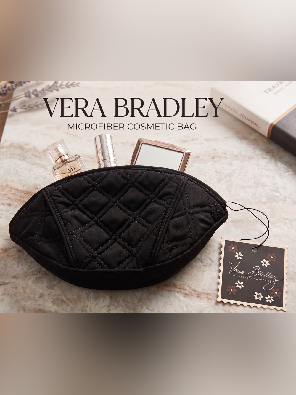 Vera Bradley Crescent Cosmetic Bag Pouch Black Quilted Floral Interior NWT